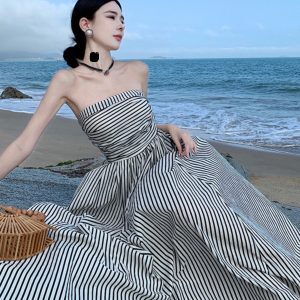 Off-Shoulder Ruched Fitted High-Waisted A-Line Striped Dress for Summer French Seaside Vacation