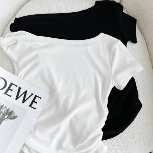 Off-Shoulder Short Sleeve T-Shirt for Women, Slim Fit Sexy Versatile Summer Top, Dragon Print, Y2K Style