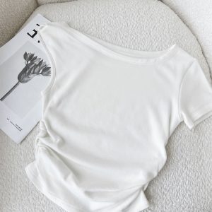 Off-Shoulder Short Sleeve T-Shirt for Women, Slim Fit Sexy Versatile Summer Top, Dragon Print, Y2K Style