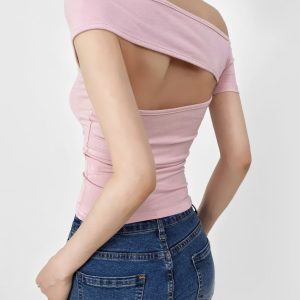 Off-Shoulder Short Sleeve T-Shirt for Women with Jazz Street Dance Design, Slim Fit Flattering Top, Summer 2025 Fashion