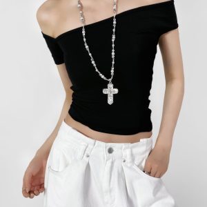 Off-Shoulder Short Sleeve T-Shirt for Women with Jazz Street Dance Design, Slim Fit Flattering Top, Summer 2025 Fashion