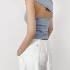 Off-Shoulder Short Sleeve T-Shirt for Women with Jazz Street Dance Design, Slim Fit Flattering Top, Summer 2025 Fashion