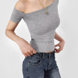Off-Shoulder Short Sleeve T-Shirt for Women with Jazz Street Dance Design, Slim Fit Flattering Top, Summer 2025 Fashion