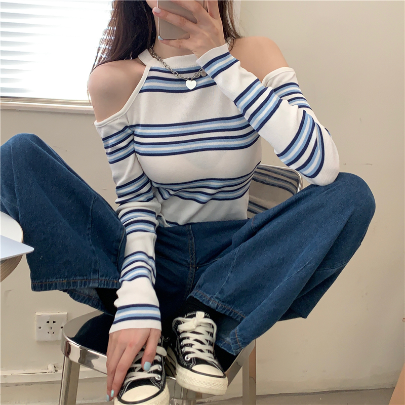 Off-Shoulder Striped Knitted Top for Women, Irregular Short Shirt for Clubbing & Jazz Dance, Trendy Early Autumn Fashion