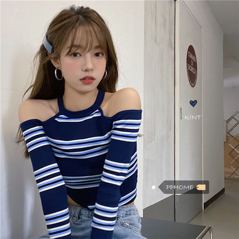 Off-Shoulder Striped Knitted Top for Women, Irregular Short Shirt for Clubbing & Jazz Dance, Trendy Early Autumn Fashion