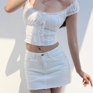 Off-Shoulder White Camisole with Exquisite Embroidered Lace Trim - Vintage French Style Top for Women
