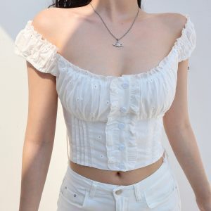 Off-Shoulder White Camisole with Exquisite Embroidered Lace Trim - Vintage French Style Top for Women