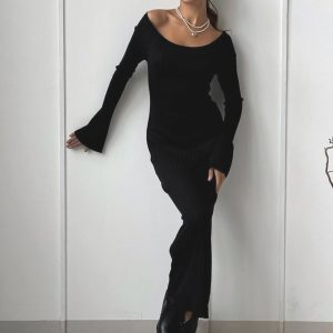 Off-the-Shoulder Bell Sleeve Long Dress for Women - Sexy European American Style, High-Waisted Slim Fit, Knee-Length, Early Autumn Fashion