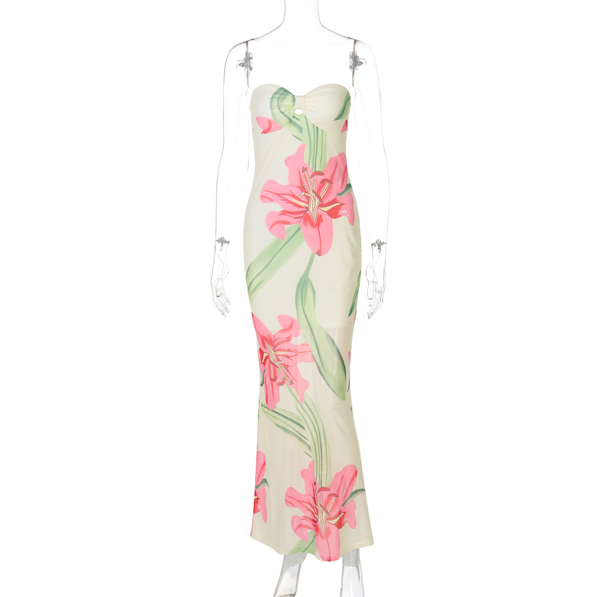 Off-the-Shoulder Double-Layer Mesh Printed Dress for Women, High-Waisted Slim Fit Elegant Long Dress, Vacation Style Fashion