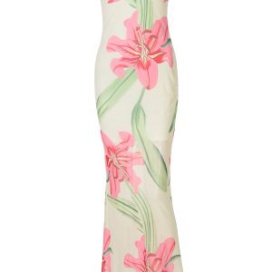 Off-the-Shoulder Double-Layer Mesh Printed Dress for Women, High-Waisted Slim Fit Elegant Long Dress, Vacation Style Fashion