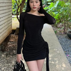 Off-the-Shoulder Long Sleeve Floral Dress for Women, High-Waisted Pleated Stretchy Fitted Mini Skirt, European American Style
