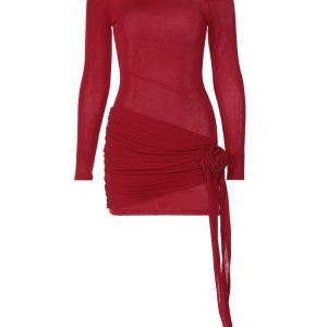 Off-the-Shoulder Long Sleeve Floral Dress for Women, High-Waisted Pleated Stretchy Fitted Mini Skirt, European American Style