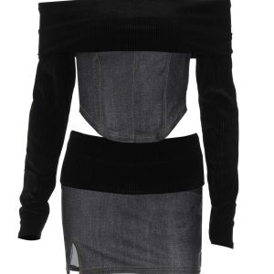 Off-the-Shoulder Long Sleeve Top and Bodycon Mini Skirt Two-Piece Set for Women - Early Autumn Fashion, Trendy & Stylish