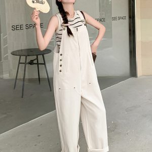 Off-White College Style Women's Overalls - Trendy Casual Loose Fit for Summer 2025, Age-Reducing and Lightweight