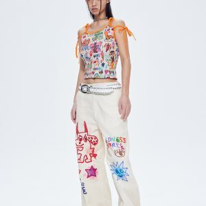 Off-White Little Devil Printed Casual Pants - Floor-Length Straight High-Waisted Jeans for Y2K and 90s Style Fashion