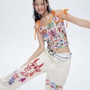 Off-White Little Devil Printed Casual Pants - Floor-Length Straight High-Waisted Jeans for Y2K and 90s Style Fashion