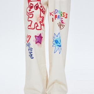 Off-White Little Devil Printed Casual Pants - Floor-Length Straight High-Waisted Jeans for Y2K and 90s Style Fashion