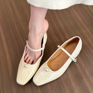 Off-White Pearl Square-Toe Mary Jane Flat Shoes for Women - Spring/Summer 2024 Fashion, Elegant Y2K Style