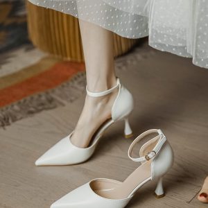 Off-White Pointed Toe High Heels for Women, Thin Heel One-Strap Design, Summer Hollow-Out Closed-Toe Versatile Style