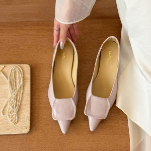 Off-White Pointed Toe Square Buckle Low-Heeled Single Shoes for Women - Stylish Deconstructed Design, Summer 2025 Chunky Heel Footwear