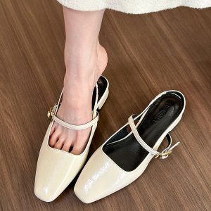 Off-White Square-Toe Open-Back Sandals for Women - Chunky Heel Mary Jane Style - Spring 2024 Fashion Footwear