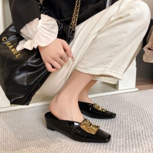 Old Money Style Pointed Toe Half Slippers for Women - French Metal Buckle, Square Toe, Slip-On with Hidden Height Increase
