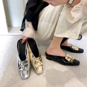 Old Money Style Pointed Toe Half Slippers for Women - French Metal Buckle, Square Toe, Slip-On with Hidden Height Increase