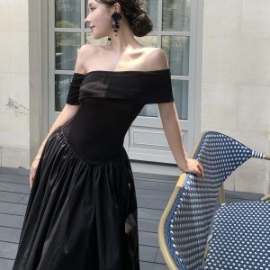One-Shoulder Black Dress with Flowing Ribbon, Elegant Goddess Gown, Summer Slim Fit, French Hepburn Style, Maxi Dress for Women