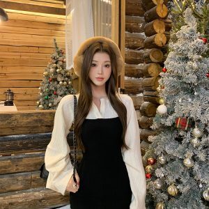 One-Shoulder Color-Blocking Bodycon Dress for Women - Slim-Fit Knitted Autumn Winter Skirt - Chic Casual Fashion