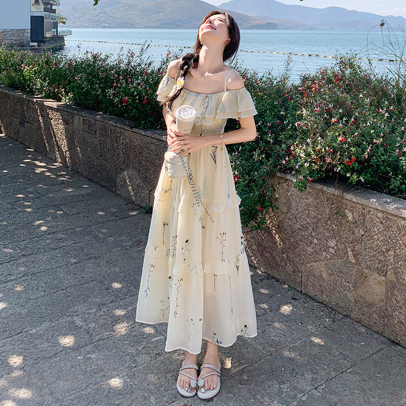 One-Shoulder French Tea Break Dress for Women - Summer 2025 Relaxed Waist Long Dress for Vacation and Casual Wear