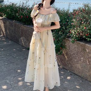 One-Shoulder French Tea Break Dress for Women - Summer 2025 Relaxed Waist Long Dress for Vacation and Casual Wear