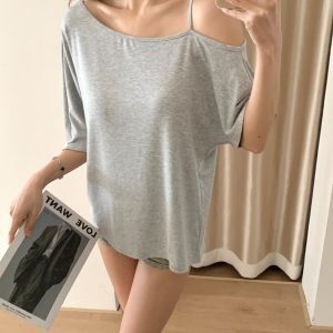 One-Shoulder Irregular Hem Short Sleeve T-Shirt for Women - High Street Solid Color Off-Shoulder Top for Spring & Summer Fashion