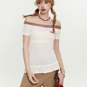 One-Shoulder Lace Hem Short Sleeve T-Shirt for Women - Slim Fit, Slightly Sheer Summer Top in Sweet Wind Style