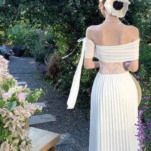 One-Shoulder Lace Splicing Long Dress for Women – Summer High-End Socialite Gown Inspired by French Seaside Vacation