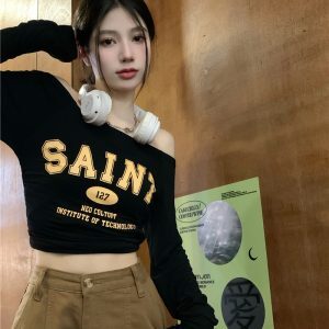 One-Shoulder Long Sleeve T-Shirt for Women - Y2K Slim-Fit Jazz Top for Autumn, Spicy Girl Style