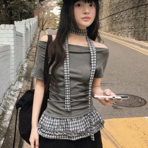 One-Shoulder Neck Strap T-Shirt for Women with Plaid Splicing and Ruffled Waist - Casual Slim Fit Top, Y2K Street Style