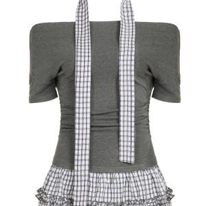 One-Shoulder Neck Strap T-Shirt for Women with Plaid Splicing and Ruffled Waist - Casual Slim Fit Top, Y2K Street Style