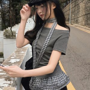 One-Shoulder Neck Strap T-Shirt for Women with Plaid Splicing and Ruffled Waist - Casual Slim Fit Top, Y2K Street Style