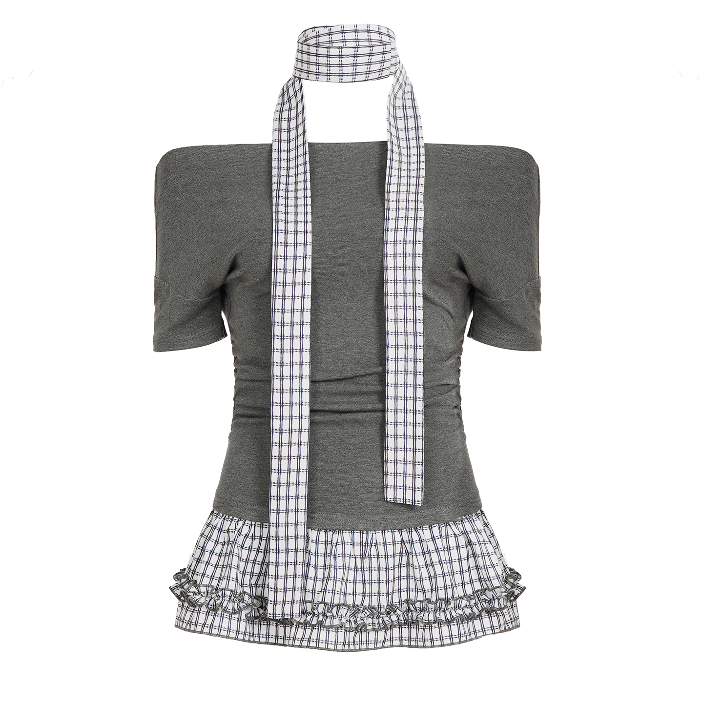 One-Shoulder Neck Strap T-Shirt for Women with Plaid Splicing and Ruffled Waist - Casual Slim Fit Top, Y2K Street Style