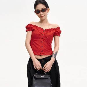 One-Shoulder Puff Sleeve Off-Shoulder T-Shirt for Women - Summer Korean Style Slim Fit Top