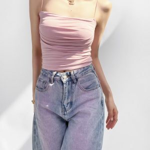 One-Shoulder Ruffled K-Pop Camisole with Chest Pad - Slimming Short Inner Tank Top for Jazz Dance Fitness