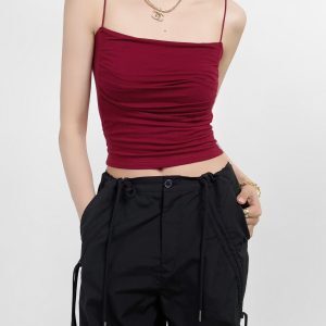One-Shoulder Ruffled K-Pop Camisole with Chest Pad - Slimming Short Inner Tank Top for Jazz Dance Fitness