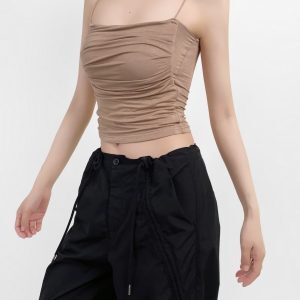 One-Shoulder Ruffled K-Pop Camisole with Chest Pad - Slimming Short Inner Tank Top for Jazz Dance Fitness