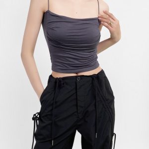One-Shoulder Ruffled K-Pop Camisole with Chest Pad - Slimming Short Inner Tank Top for Jazz Dance Fitness