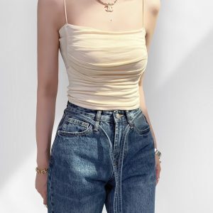 One-Shoulder Ruffled K-Pop Camisole with Chest Pad - Slimming Short Inner Tank Top for Jazz Dance Fitness