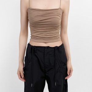 One-Shoulder Ruffled K-Pop Camisole with Chest Pad - Slimming Short Inner Tank Top for Jazz Dance Fitness