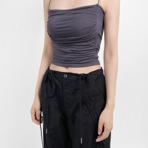 One-Shoulder Ruffled K-Pop Camisole with Chest Pad - Slimming Short Inner Tank Top for Jazz Dance Fitness