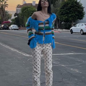 One-Shoulder Striped Long Sleeve Top with Furry Patchwork | Sexy Slim-Fit Women's Jacket | European and American Instagram Style