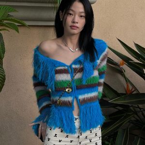 One-Shoulder Striped Long Sleeve Top with Furry Patchwork | Sexy Slim-Fit Women's Jacket | European and American Instagram Style