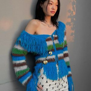 One-Shoulder Striped Long Sleeve Top with Furry Patchwork | Sexy Slim-Fit Women's Jacket | European and American Instagram Style
